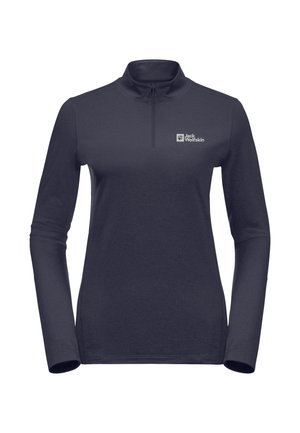 Pull-over à manches longues bleu marine foncé avec zip quart et logo "Jack Wolfskin" sur le côté gauche de la poitrine, coupe ajustée pour une utilisation en extérieur.