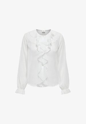 Bela bluzica z dolgimi rokavi, nabrano spredaj in zaobljenim ovratnikom. Narejena iz lahkotnega materiala, z nabranimi manšetami in gumbnim zapiranjem.