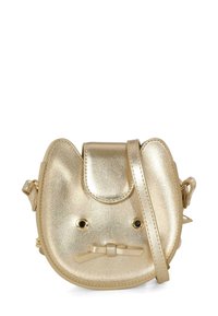 Złota metaliczna torebka crossbody w kształcie okrągłego kota, z detalem w postaci kokardy, dwoma oczami i odpinanym paskiem. Gładka tekstura, radosny design.