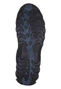 Schwarze Gummisohle mit einem strukturierten Profilmuster, das blaue Akzente und multidirektionale Stollen für Traktion und Stabilität aufweist.
