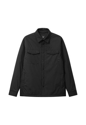 Giacca imbottita nera con chiusura frontale a bottoni, due tasche sul petto e una texture lievemente lucida. Presenta un colletto classico e maniche lunghe.