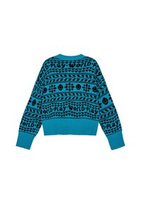 Klipptröja i ljus turkos med svarta stickade mönster, som har geometriska former och orden "WORLD PLAY" utspridda över hela plagg. Långa ärmar.