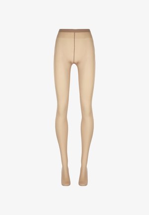 Calze velate beige con cintura rinforzata e punte rinforzate, mostrate frontalmente su uno sfondo bianco.