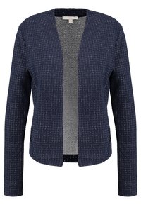 Námořnický modrý kardigan s texturovaným vzorem, otevřeným předním dílem a dlouhými rukávy. Vyrobený z měkké látky s jemnými metalickými nitěmi.