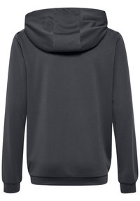 Dunkelgrauer Hoodie mit langen Ärmeln, strukturiertem Stoff, sichtbaren Nähten und gerippten Bündchen, von hinten gezeigt.