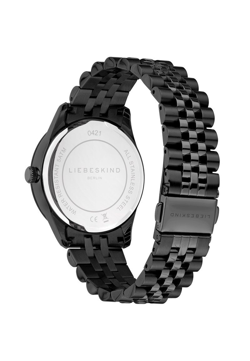 Schwarze Edelstahl-Uhr mit rundem Gehäuse und Gliederarmband, ausgestattet mit einer glatten Lünette und graviertem Markenlogo auf der Rückseite.