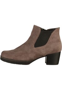 Bottine grise en daim avec des panneaux latéraux élastiques, un talon carré et un bout arrondi. Caractéristiques des détails cousus et une semelle texturée.