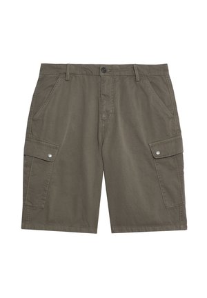 Shorts cargo en coton vert olive. Comprend des poches latérales, une fermeture à boutons, et des détails de couture. Design à jambe droite avec une coupe décontractée.