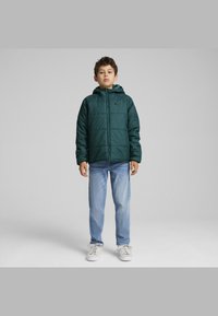 Chaqueta acolchada verde con capucha, con cierre de cremallera y diseño acolchado. Combinada con vaqueros azules y zapatillas blancas.