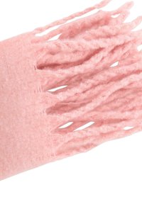 Roze gebreide sjaal met franjes aan de uiteinden, met een zachte textuur en een los breipatroon. Lichtgewicht en flexibele materiaal.