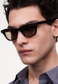 Occhiali da sole tartarugati con lenti marrone scuro, caratterizzati da una forma quadrata classica e dettagli metallici sulla parte frontale e sulle astine.