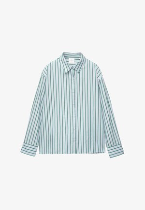 Camicia bianca a maniche lunghe con bottoni, a righe verticali verdi e colletto a punta, poggiata su uno sfondo bianco.