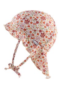 Blumen-Sonnenhut mit breiter Krempe und Kinnriemen, mit einem weißen Hintergrund, der mit roten, orangefarbenen und grünen Blumen und Blättern verziert ist.