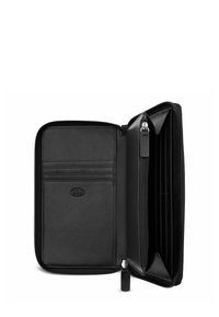 Black leather wallet with zip closure, multiple card slots, and open compartments. Features a smooth texture and embossed logo detail.