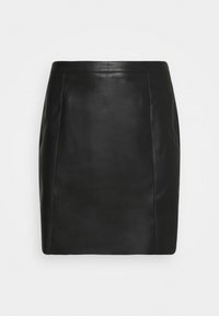 Svart läderkjol med en jämn yta, figursydd design, midjehöjd och minimala sömmar för ett elegant utseende.