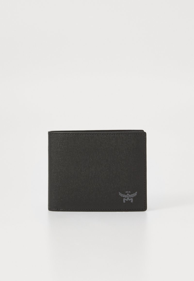 Black leather wallet featuring a textured finish, folded design, and subtle logo accent in the lower corner. Minimalist and compact style.