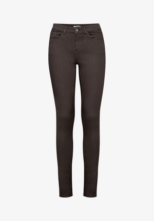 Czarne dżinsy typu skinny o gładkiej strukturze, w talii średniego wzrostu, z typowym wzorem kieszeni z przodu i z tyłu. Posiadają zapięcie na guzik.