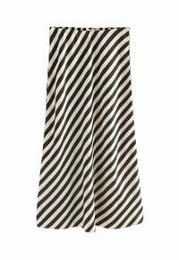 Jupe rayée avec un motif noir et beige. Fabriquée en tissu lisse, elle présente une large ceinture et un design fluide qui tombe librement.