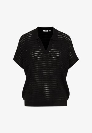 Schwarzes Polo-Oberteil mit strukturiertem, offenem Maschendesign, V-Ausschnitt und kurzen Ärmeln, abgeschlossen mit einem gerippten Saum und Kragen.