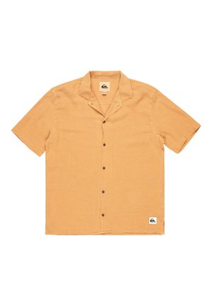 Short-sleeve collared shirt in orange fabric with a textured finish, featuring dark buttons and a logo tag on the bottom left.