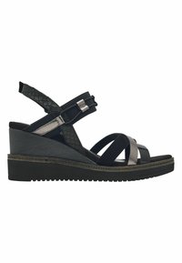 Sandales compensées avec des brides synthétiques noires à accents texturés et finition lisse, sur une semelle compensée noire avec un léger talon.