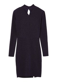 Robe longue à manches longues en violet avec un tissu texturé et pailleté. Présente une fermeture en dos keyhole et une silhouette ajustée.