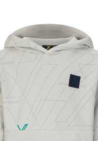 Felpa con cappuccio grigio chiaro con un motivo geometrico, dotata di una tasca anteriore, un cappuccio con coulisse e un'etichetta logo blu navy sul petto.