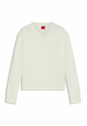 Weißer V-Ausschnitt-Pullover aus weichem Material, mit langen Ärmeln und gerippten Akzenten am Ausschnitt und Saum. Marke: HUGO.