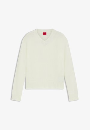 Maglione bianco a V in morbido tessuto, con maniche lunghe e bordi a coste all'collo e all'orlo. Etichetta: HUGO.