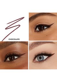 Drie close-up afbeeldingen van ogen met donkerbruine en blauwe irissen, voorzien van vleugeleyeliner in een chocoladekleur, tegen verschillende huidtinten.