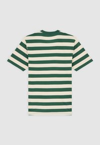 Green and cream striped short-sleeve T-shirt with a crew neck. Cotton material with a smooth texture and a straight cut silhouette.