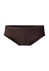 Brown bikini bottom made from smooth fabric, featuring a simple design, moderate coverage, and thin elastic waistband with a contrasting finish.
