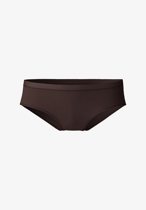 Brown bikini bottom made from smooth fabric, featuring a simple design, moderate coverage, and thin elastic waistband with a contrasting finish.