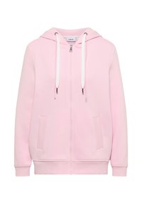 Sweat à capuche zippé rose clair avec cordons blancs, poches latérales, poignets côtelés et une capuche, présenté sur un fond blanc.