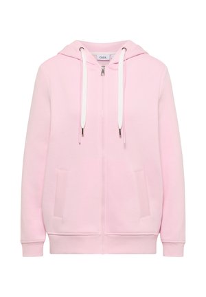 Hellrosa Zip-up-Hoodie mit weißen Kordeln, seitlichen Taschen, gerippten Bündchen und Kapuze, auf weißem Hintergrund dargestellt.