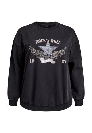 Black sweatshirt with a round neckline, long sleeves, and a relaxed fit. Features a graphic design of a star with wings and text.