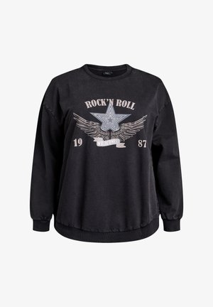 Black sweatshirt with a round neckline, long sleeves, and a relaxed fit. Features a graphic design of a star with wings and text.