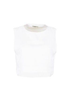Top bianco senza maniche e corto con scollo tondo, realizzato in tessuto semplice, esposto su sfondo bianco.