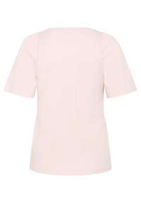 T-shirt in cotone rosa a maniche corte con collo rotondo e delicate maniche a sbuffo. Texture morbida con un design semplice e pulito.