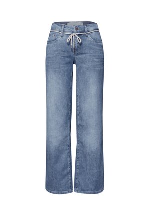 Jean en denim bleu clair à jambes larges avec poches avant et cordon blanc à la taille.