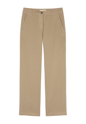 Pantalons en coton beige avec une coupe droite, mettant en avant deux poches latérales, une fermeture à bouton sur le devant, et une texture subtile.