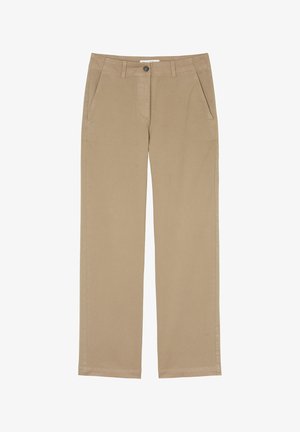 Pantalons en coton beige avec une coupe droite, mettant en avant deux poches latérales, une fermeture à bouton sur le devant, et une texture subtile.