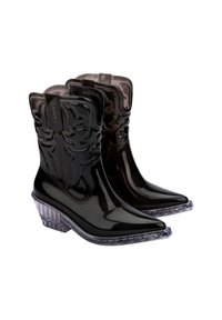 Black shiny ankle boots with embossed detailing, pointed toe, and textured clear block heel. Made from rubber-like material.