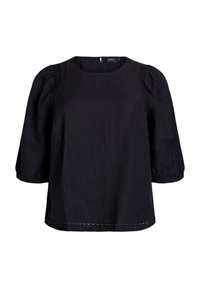 Black short-sleeve blouse with a round neckline, puffed sleeves, textured side detailing, and a subtle hemline accent.