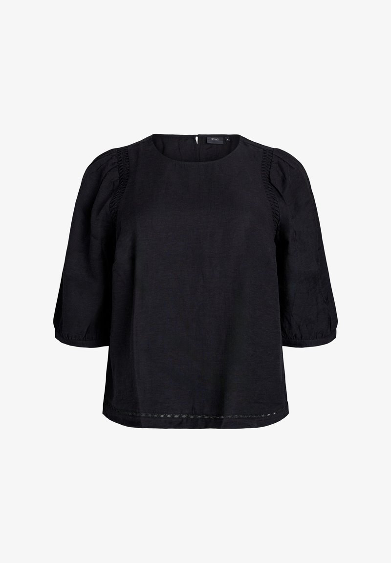 Sort bluse med korte ærmer, rund halsudskæring, puffede ærmer, tekstureret sideløsning og en subtil kantdetalje.
