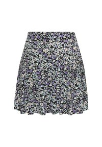 Cvećasta suknja s crnom pozadinom s plavim, lavandom i bijelim cvjetovima. Elastična waistband, nabran dizajn, lagani materijal.