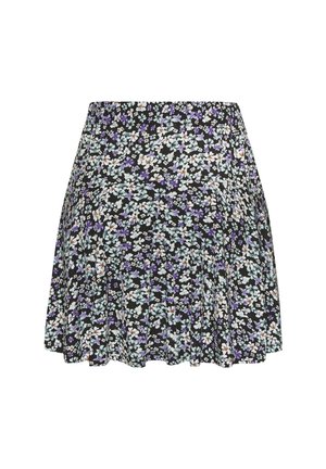 Blumenrock mit schwarzem Hintergrund und blauen, lavendelfarbenen sowie weißen Blumen. Elastischer Bund, plissiertes Design, leichtes Material.