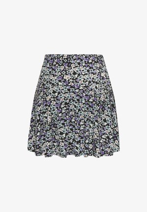 Falda floral con un fondo negro y flores azules, lavanda y blancas. Cintura elástica, diseño plisado, tejido liviano.