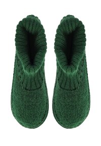 Grüne Wollslipper mit einem gerippten Bündchen und strukturierter Oberfläche, featuring eine abgerundete Zehe und eine flache, genähte Sohle.