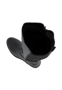 Zwarte enkelboot met een gladde leren buitenzijde, een geweven stoffen upper, een ronde neus en een ritssluiting aan de zijkant.